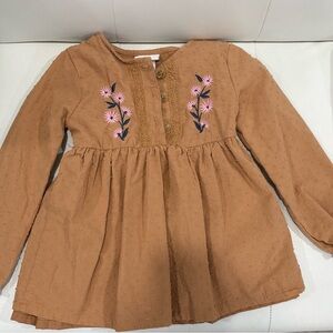 Daisy Fuentes Tan Textured Dress with Pink Floral Embroidery